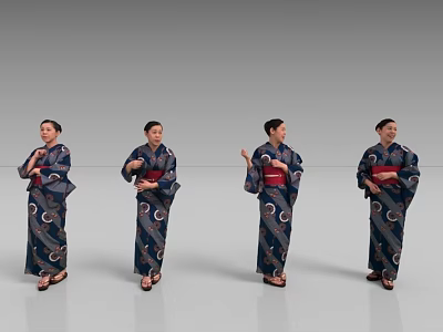 Women in Traditional Kimono Showing Different Poses Against Gray Background 3d model