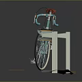 Teal Bicycle With Red Seat Colorful Dots On Wheels On Platform Yellow White Stripes