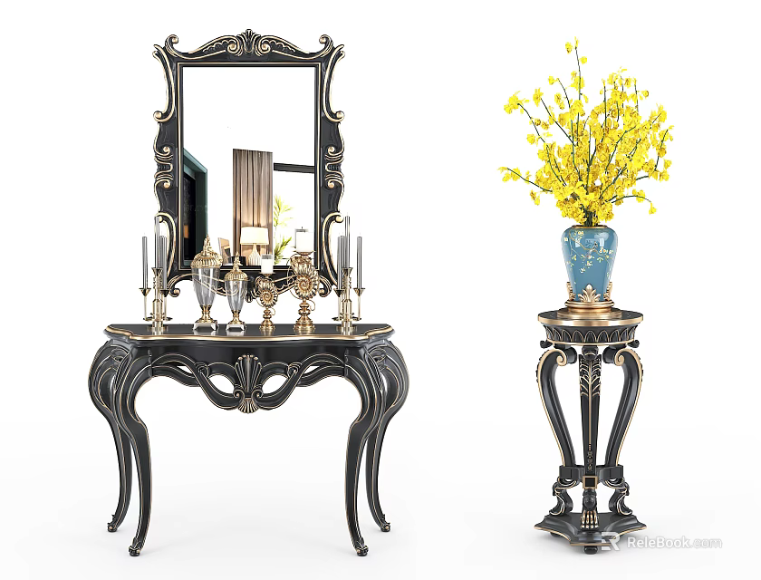 Antique Console Table with Ornate Mirror Decorative Items and Blue Vase with Yellow Flowers 3d model 