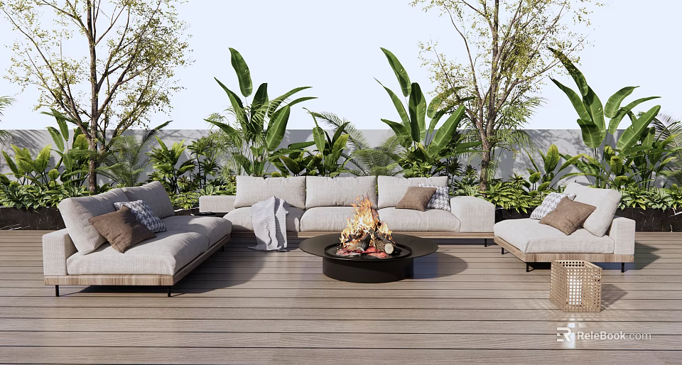 Outdoor Sofa With Pillows And Throw Blanket On Wooden Deck By Fire Pit And Green Plants 3d model 
