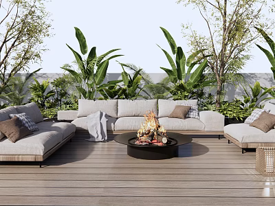 Outdoor Sofa With Pillows And Throw Blanket On Wooden Deck By Fire Pit And Green Plants 3d model