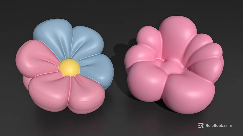 Two Flower Shaped Decorative Items With Pink Blue Petals And Yellow Center 3d model 