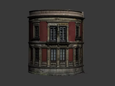 Cartoon Scene Featuring Round Building With Red Walls Windows Stone Base And Classical Decorations 3d model