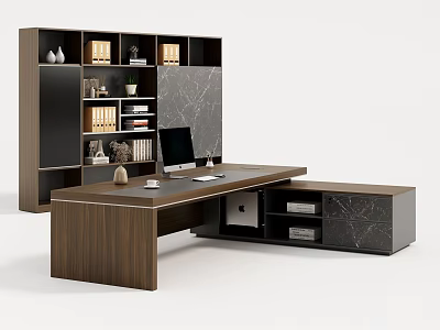 Modern Wooden Office Desk With Side Bookshelf Computer Monitor Books And Marble Accents 3d model