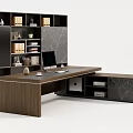 Modern Wooden Office Desk With Side Bookshelf Computer Monitor Books And Marble Accents