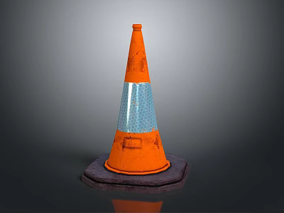 Orange Traffic Cone With Reflective Stripe And Black Base On Gray Background 3d model