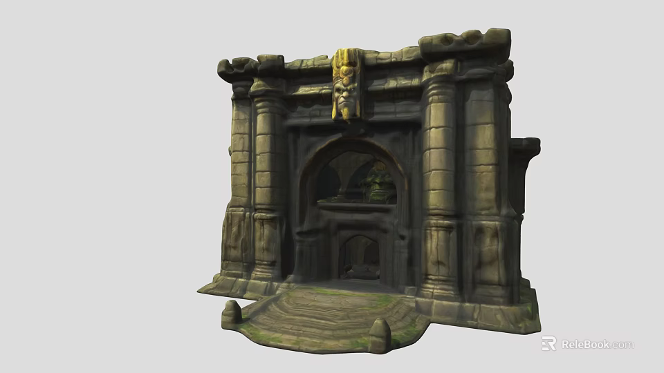 Ancient Stone Gate With Carved Columns Sculpted Top Archway And Stone Steps 3d model 