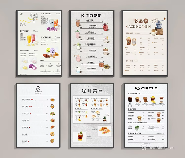 Colorful Restaurant Menu Designs Featuring Beverages Ice Cream Coffee And Food Items 3d model 