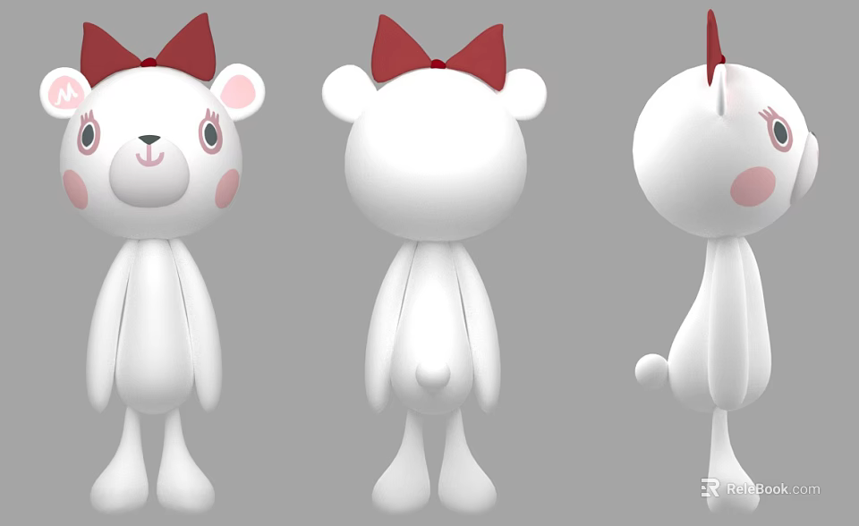 Adorable White Doll with Red Bow Pink Blush and Multiple Angles View 3d model 