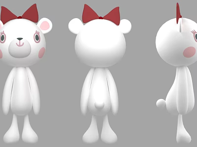 Adorable White Doll with Red Bow Pink Blush and Multiple Angles View 3d model