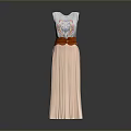 Sleeveless Long Dress With Colorful Pattern Orange Belt And Pleated Skirt