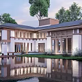Modern Lakeside Villa Surrounded by Trees Featuring Water Reflection Terrace And Umbrella Seating 3d model