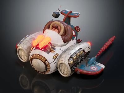 Flaming Exhaust Mechanical Toy Vehicle With Track Wheels Brown Seat And Red Tail Structure 3d model