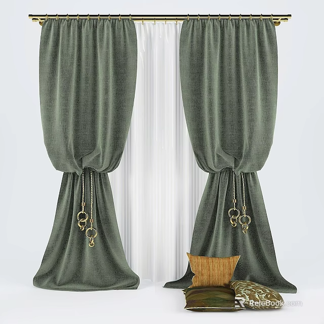 Dark Green Linen Curtains With Rope Ties And Gold Rings For Window Decoration 3d model 