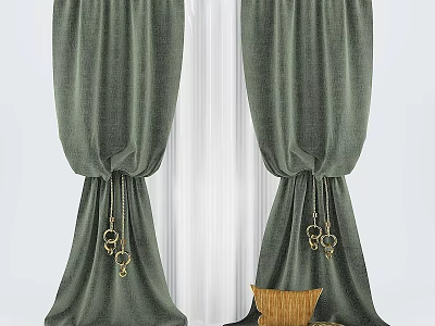 Dark Green Linen Curtains With Rope Ties And Gold Rings For Window Decoration 3d model
