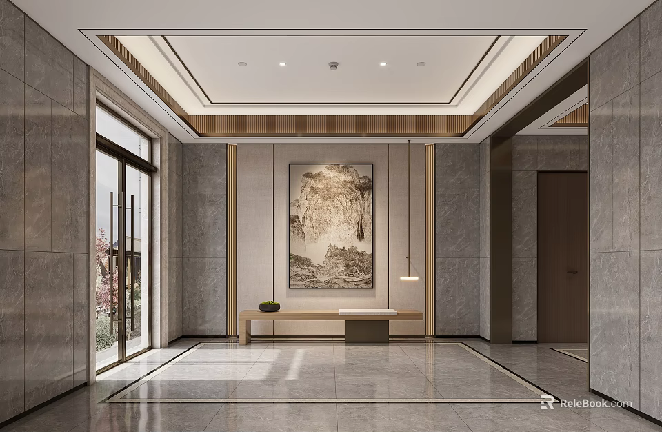 Modern Chinese Style Lobby With Landscape Painting And Marble Floor 3d model 