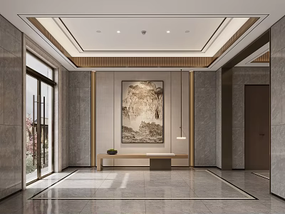 Modern Chinese Style Lobby With Landscape Painting And Marble Floor 3d model