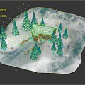Cartoon Winter Scene With Snowy Cabin Pine Trees And Blue Water Surroundings