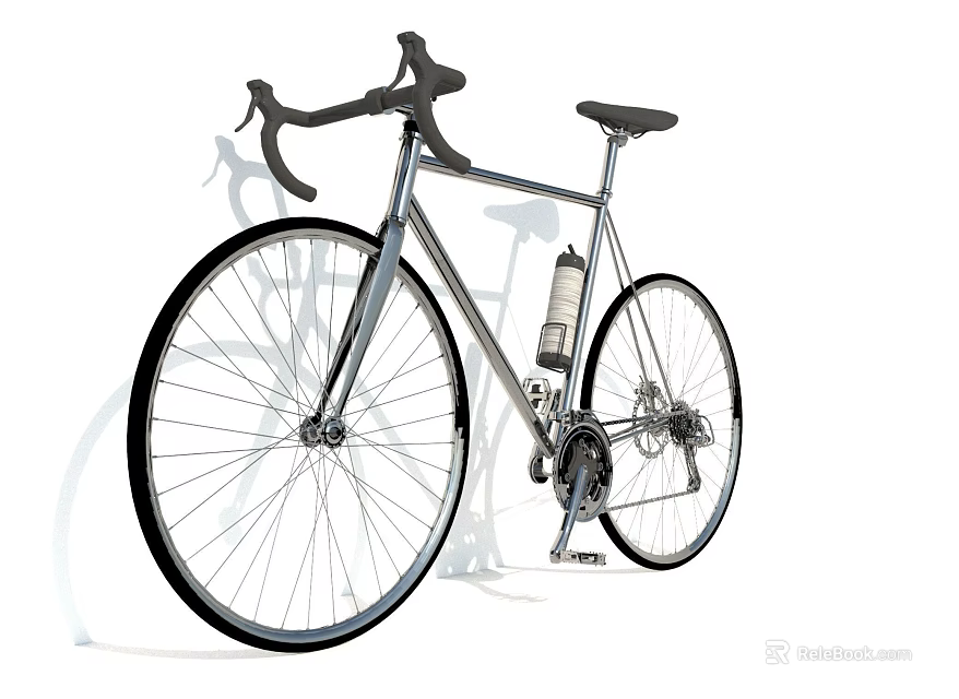 Silver Road Bicycle with Curved Handlebars Thin Tires and Water Bottle Cage on White Background 3d model 