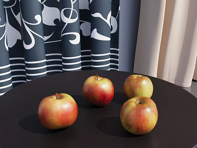 Fresh Red And Yellow Apples On Black Table With Curtains In Background 3d model
