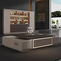 Modern Elegant Office Desk With Drawers Laptop Desk Lamp Bookshelf And Floor to Ceiling Window