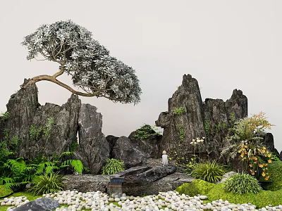 Lush Flowers and Plants in Natural Rocky Garden with Green Ferns Small Pebbles and Stream 3d model