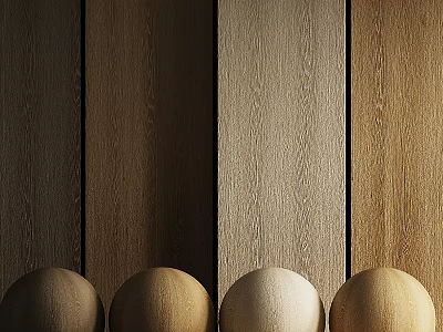 Wooden Components Display With Natural Wood Grain Panels And Four Arranged Spheres 3d model