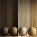 Wooden Components Display With Natural Wood Grain Panels And Four Arranged Spheres