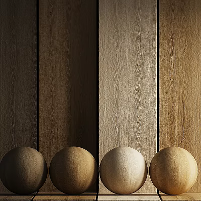 Wooden Components Display With Natural Wood Grain Panels And Four Arranged Spheres 3d model