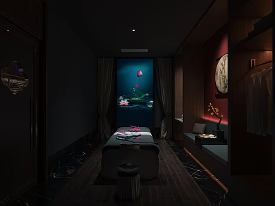 Modern Dark SPA Sauna Room With Massage Bed Lotus Decor And Wooden Floor 3d model