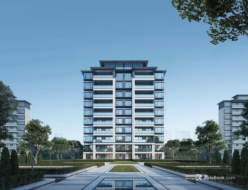 Modern Residential Building With Landscaping And Water Feature 3d model 