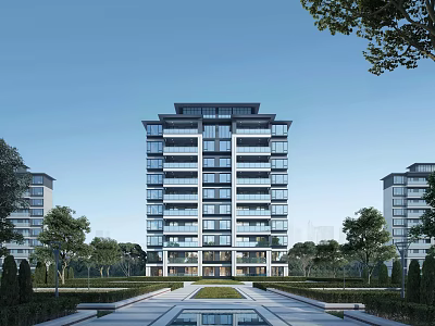 Modern Residential Building With Landscaping And Water Feature 3d model