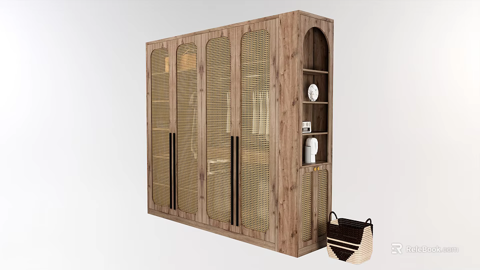 Wooden Wardrobe With Rattan Panel Doors Open Storage Shelves Decorative Items And Woven Basket 3d model 