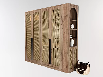 Wooden Wardrobe With Rattan Panel Doors Open Storage Shelves Decorative Items And Woven Basket 3d model