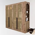 Wooden Wardrobe With Rattan Panel Doors Open Storage Shelves Decorative Items And Woven Basket