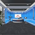 Modern Radio Studio With FM1058 Logo Blue Background Desk Cameras Green Plant And LED Lights