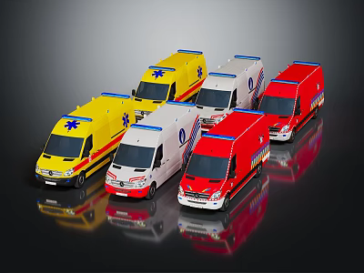 Ambulance Vehicles in Various Colors with Medical Emergency Symbols Displayed in a Line 3d model