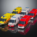 Ambulance Vehicles in Various Colors with Medical Emergency Symbols Displayed in a Line