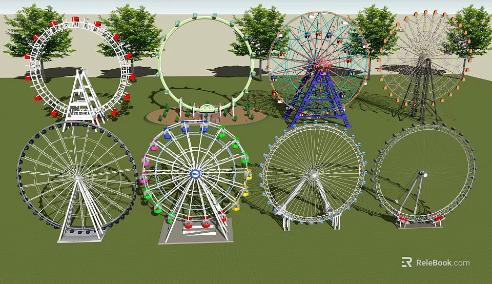 Colorful Amusement Rides With Various Ferris Wheels And Green Trees Around 3d model 