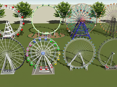 Colorful Amusement Rides With Various Ferris Wheels And Green Trees Around 3d model