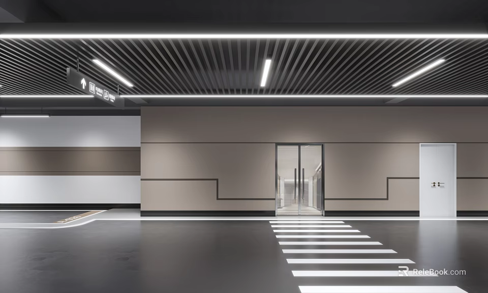 Modern Parking Garage Interior Design With Gray Walls Striped Lines And Ceiling Lights 3d model 