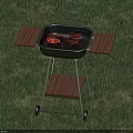 Outdoor Grill With Wooden Side Shelves Cooking Meat On Grass Area With Wheels