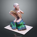 Game Movie Character Sitting On Green Blue Textured Rock Holding Fish Like Object