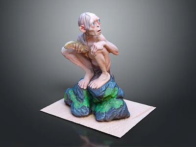 Game Movie Character Sitting On Green Blue Textured Rock Holding Fish Like Object 3d model