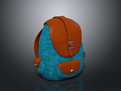 Blue Canvas Backpack With Brown Leather Flap Buckle And Side Pockets 3d model