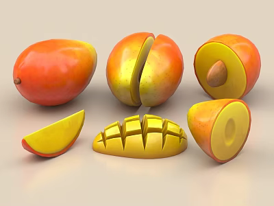 Fresh Ripe Mango Display Whole Sliced and Cubed with Juicy Flesh and Seed 3d model
