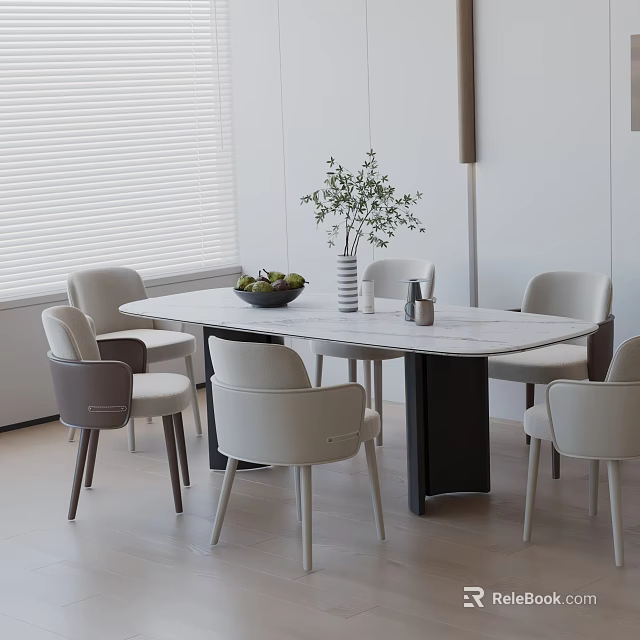 Modern Dining Table Set With Marble Top And White Gray Upholstered Chairs 3d model 