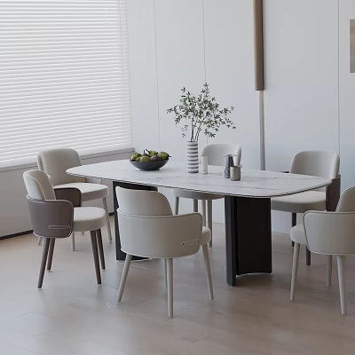 Modern Dining Table Set With Marble Top And White Gray Upholstered Chairs 3d model