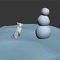 Child Playing With Snowman And White Kitten On Blue Snowy Ground