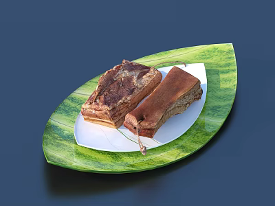 Two Brown Delicious Food Pieces Served on Green Leaf Shaped White Plate 3d model